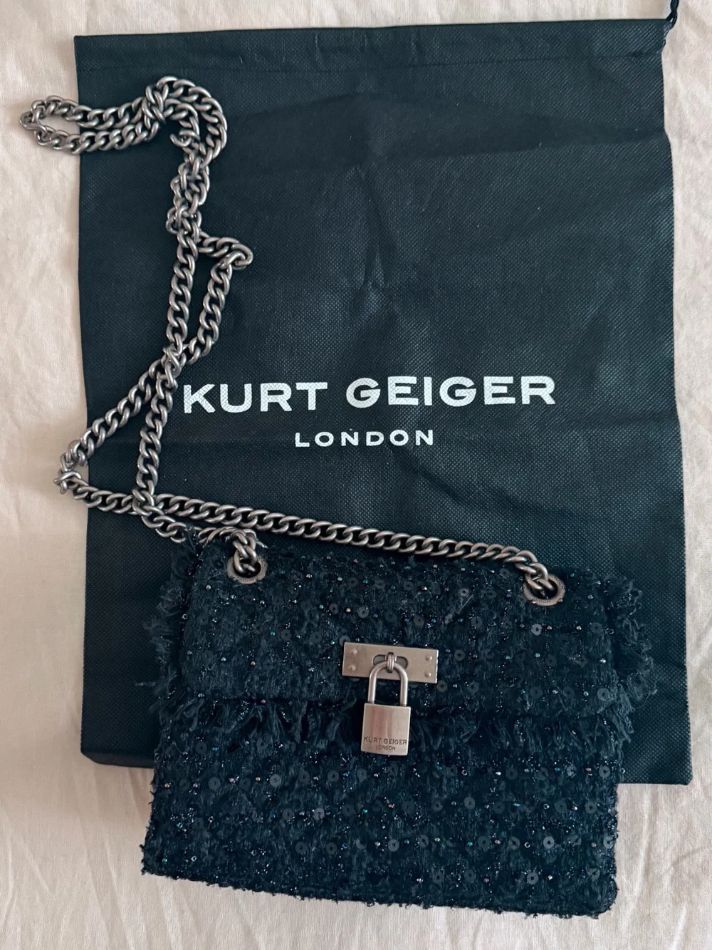 Kurt Geiger Black Sequin Tweed Crossbody Bag with Chain Strap